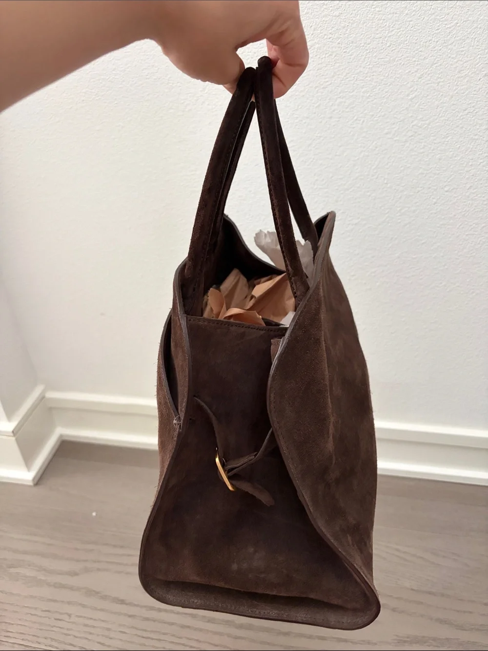 Elborn Structured Suede Satchel in Dark Brown with Gold-Tone Turn Lock